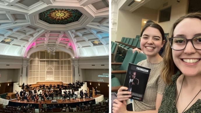 Two students take a selfie while waiting in the audience before a symphony concert (left); the San Antonio Philharmonic musicians prepare for the start of a symphony concert on stage (right)