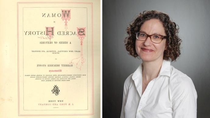 a collage of a headshot of Claudia Stokes (left) and a scan of the title page of Harriet Beecher Stowe's book Woman in Sacred History (right)